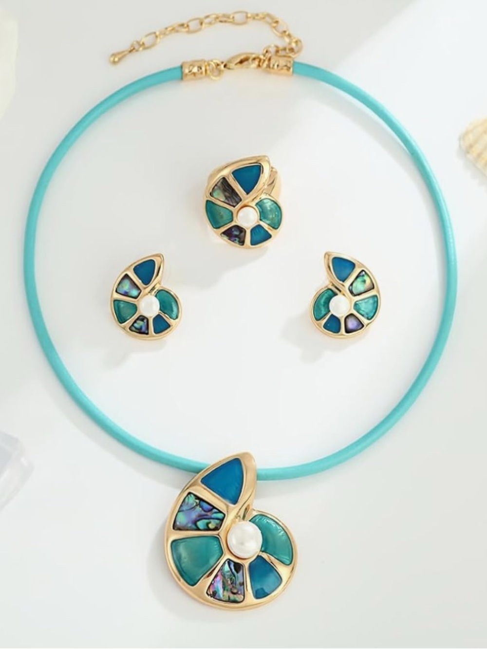 3pc Set! Gold-Tone Turquoise Shell Nautilus Necklace & Earring & Ring Set